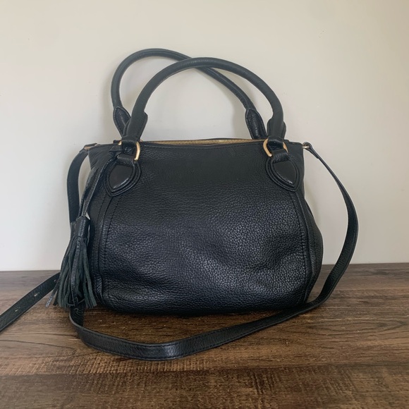 J Crew Leather Hobo Black Handbag Shoulder Bag Doctor Style Fringe Crossbody